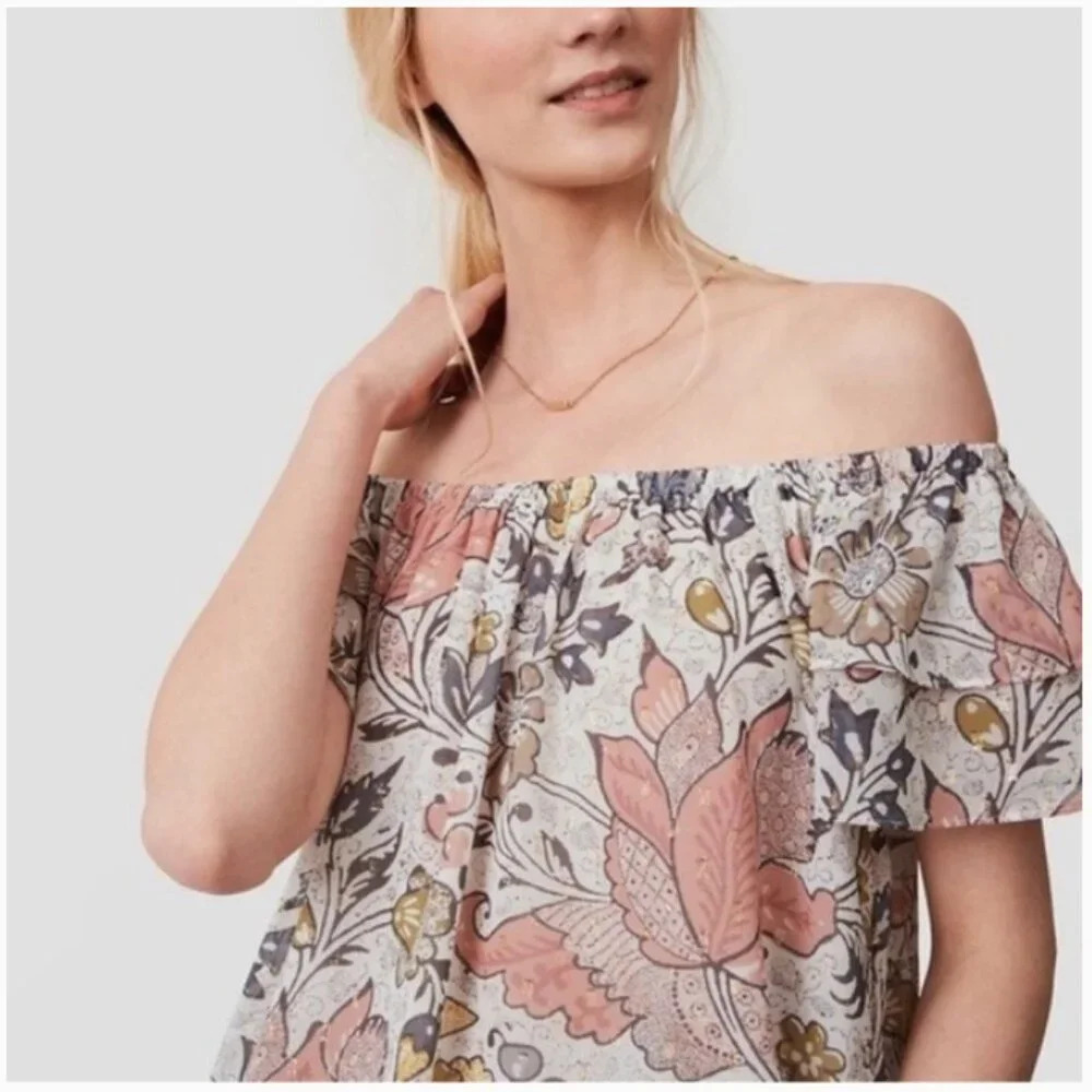 Loft Off-the-Shoulder White Floral Patterned Woven Top - Size Sm